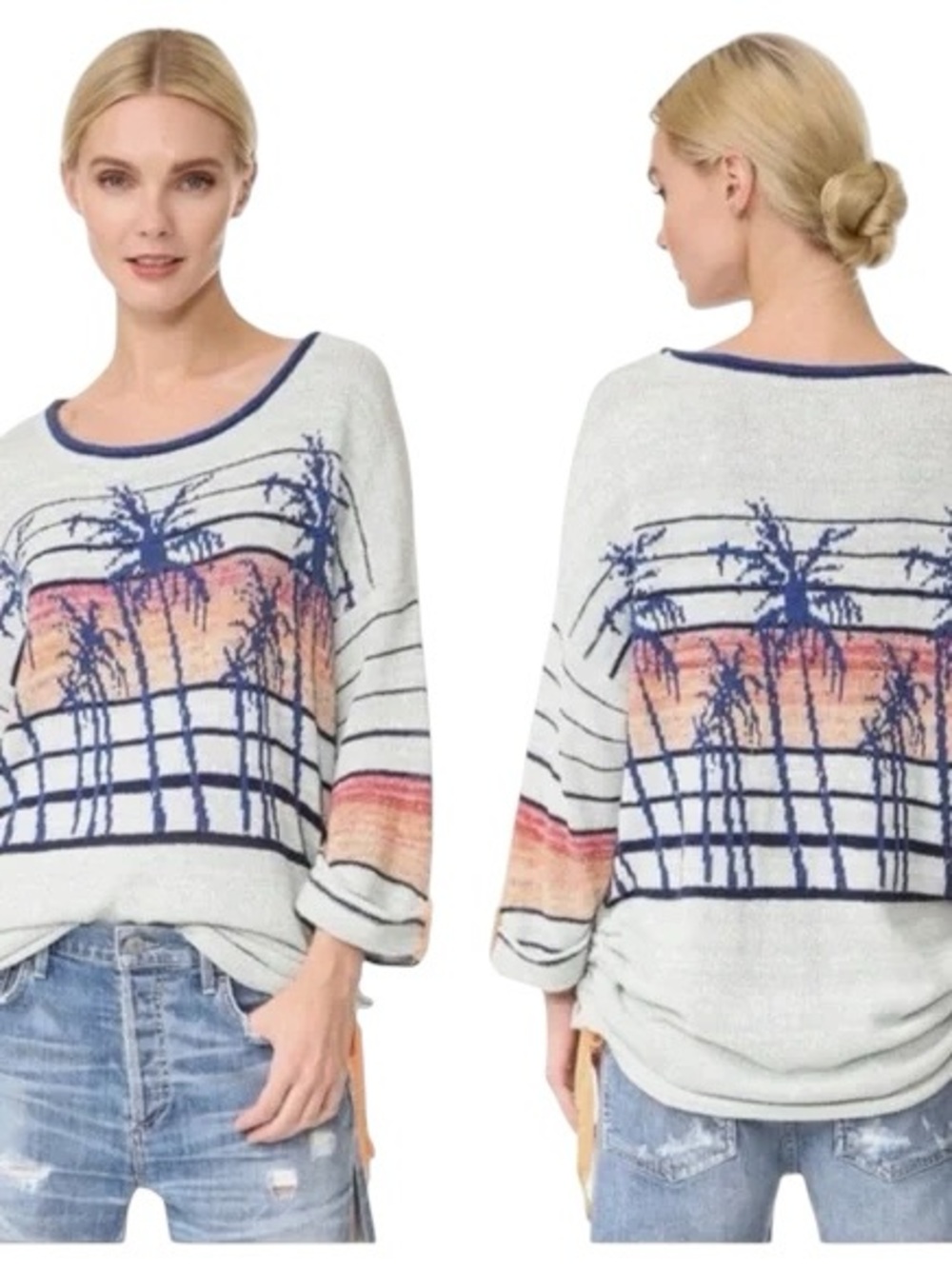 Free People Palm Breeze Sweater with Navy Palm & Sunset Accent